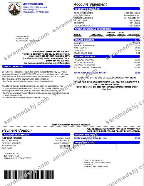 USA CITY OF WAXAHACHIE business utility bill Word and PDF template